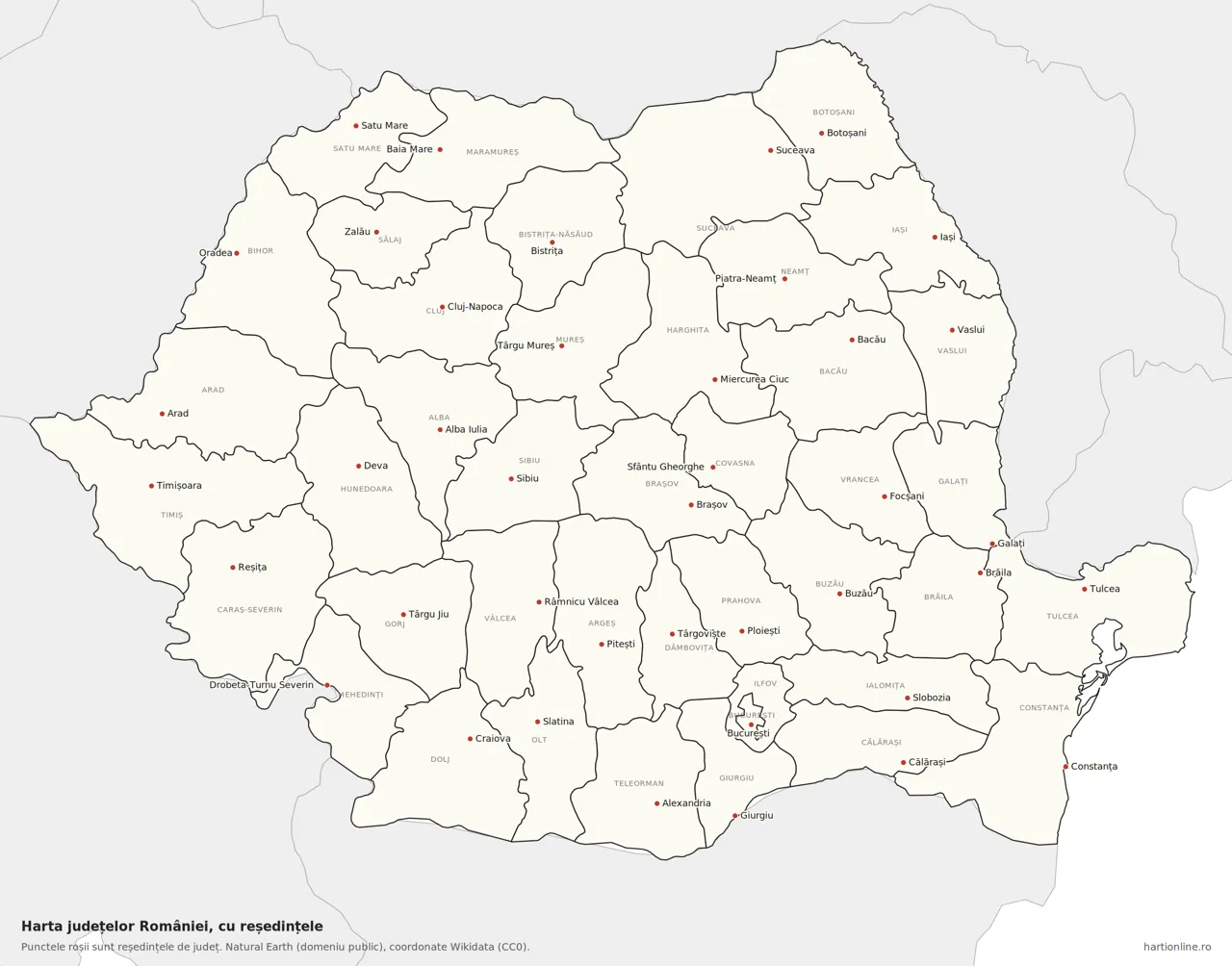 Harta județelor, cu reședințe